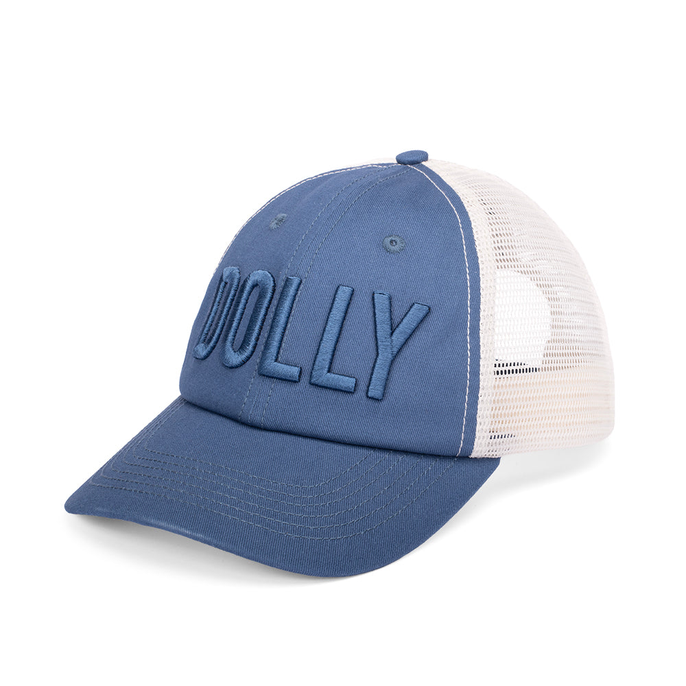 Angle view of the navy mesh-backed baseball cap showing the structured front panel and curved brim