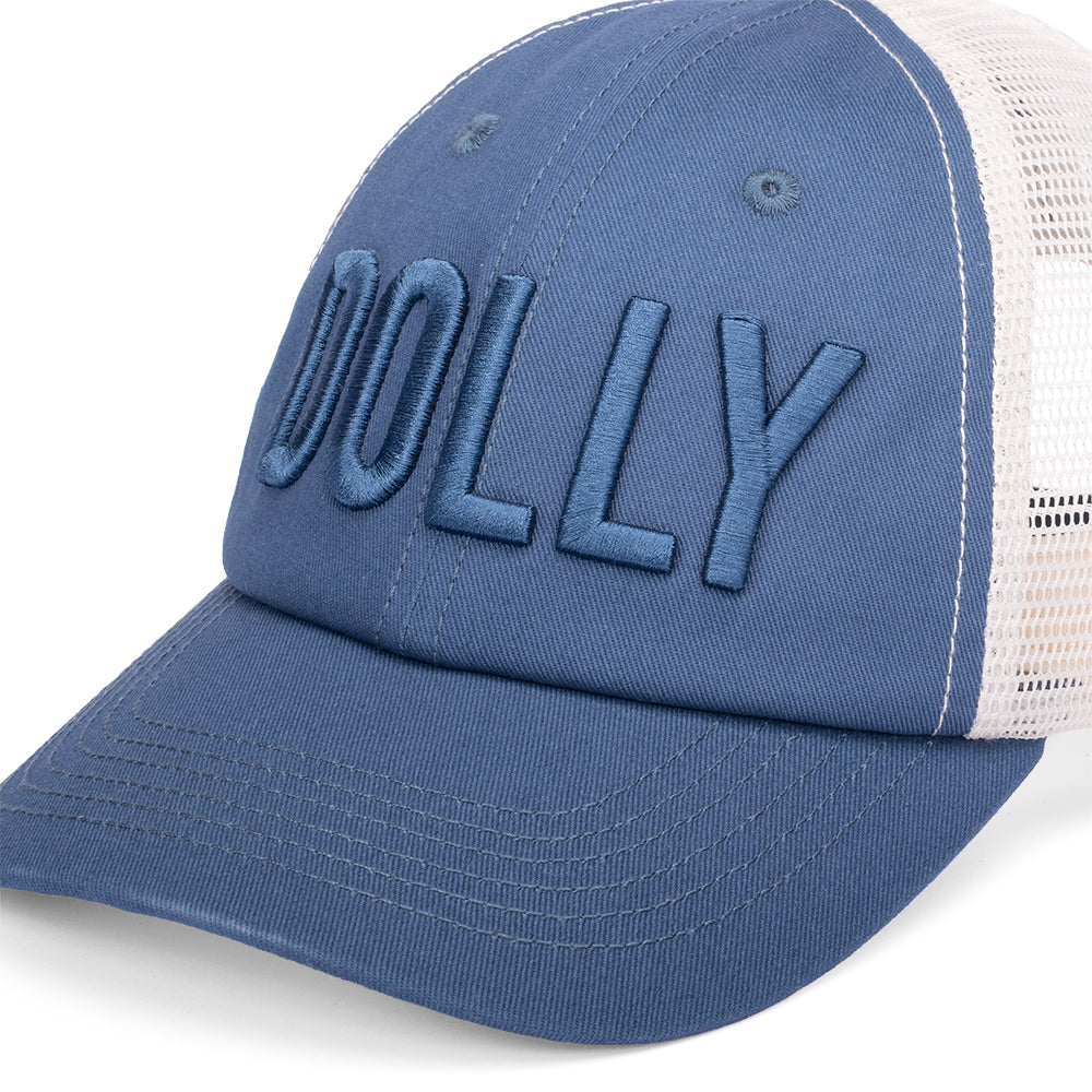 Side profile of the trucker hat highlighting the breathable navy mesh side panels