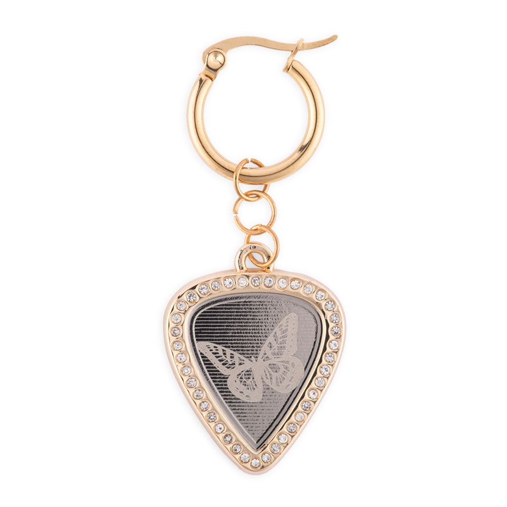 Close-up view of the butterfly and guitar pick design details on the earrings