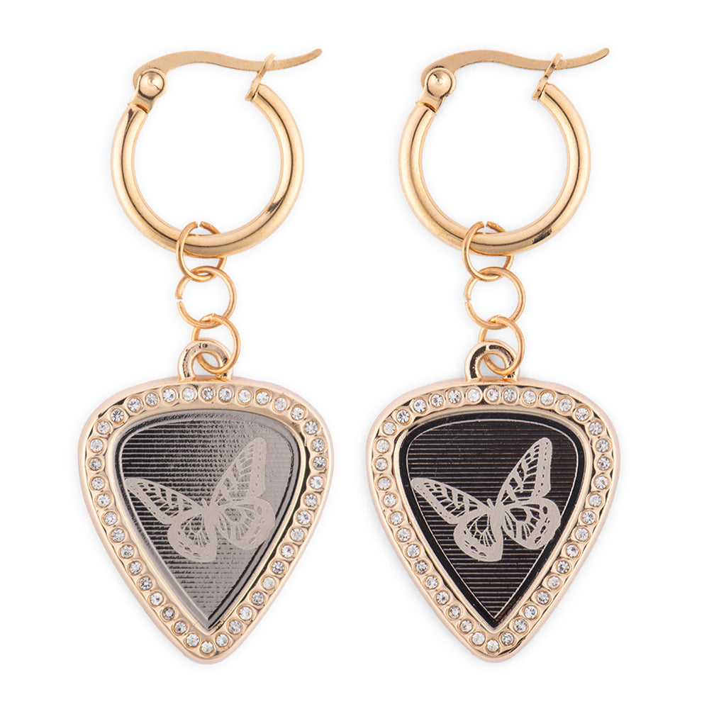 Pair of Dolly Parton butterfly guitar pick earrings featuring a polished finish