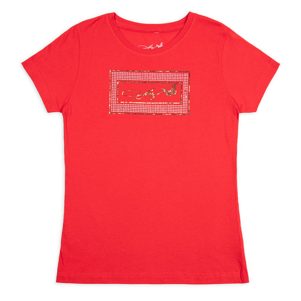 Dolly Parton Bling Tee Lipstick Logo - Denim - Red - M
