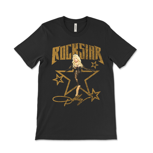 Official Dolly Parton Merchandise. 100% black cotton t-shirt featuring a photo of Dolly and a gold Rockstar album logo.