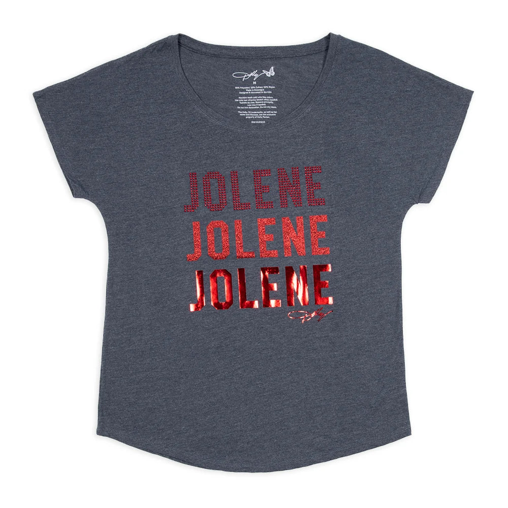 Navy dolman-sleeve t-shirt featuring the word Jolene in sparkling rhinestone lettering across the front chest