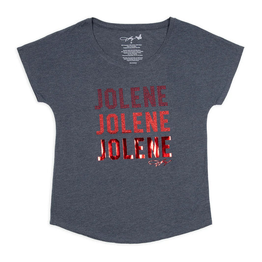 Navy dolman-sleeve t-shirt featuring the word Jolene in sparkling rhinestone lettering across the front chest