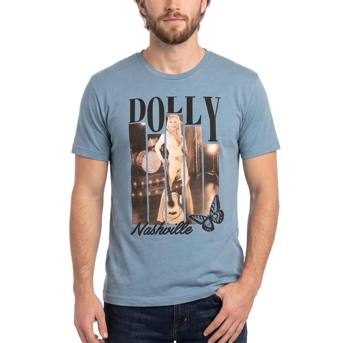 Red variant of the Dolly Parton poster t-shirt viewed from the front