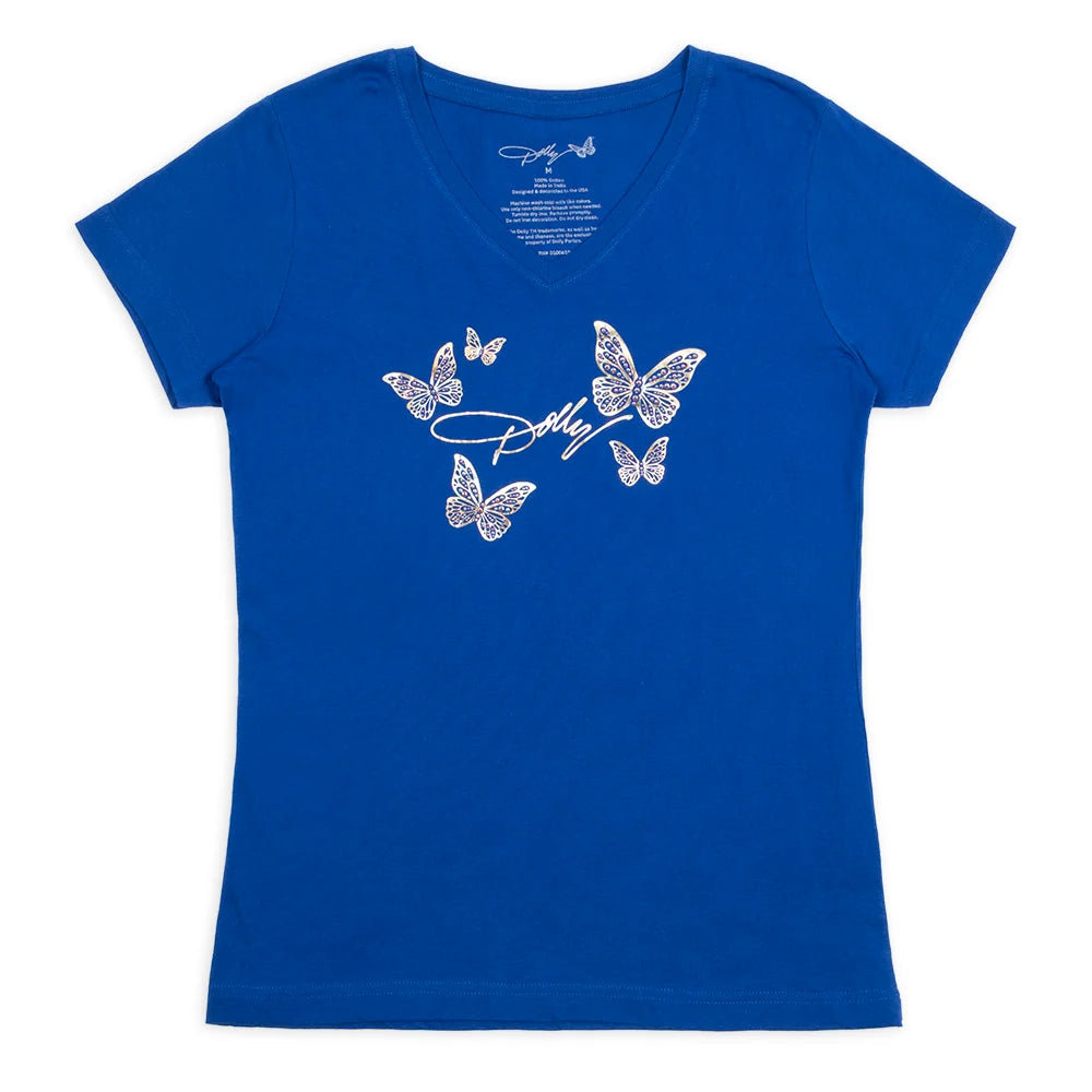 Dolly Parton V-Neck Tee  Butterfly Bling - Royal / M