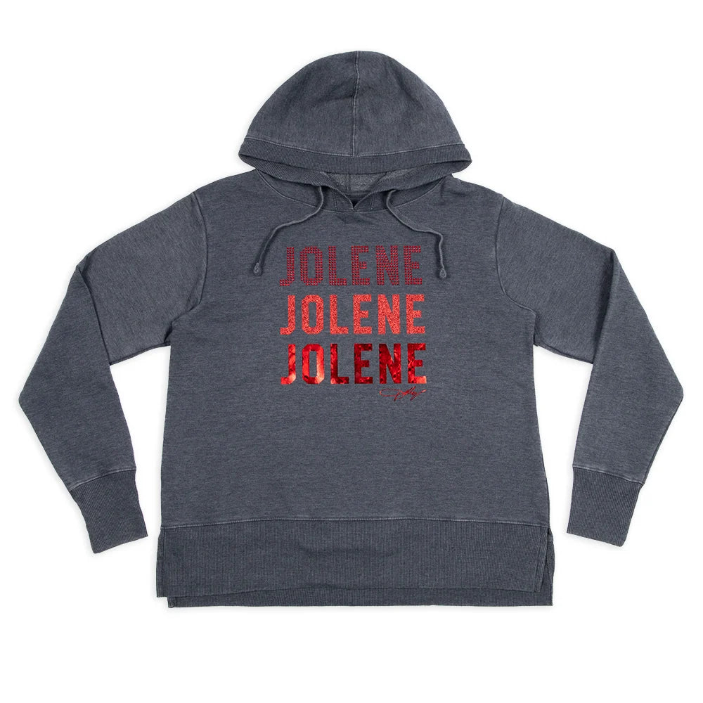 Navy hoodie featuring the word Jolene in sparkling rhinestone letters across the chest