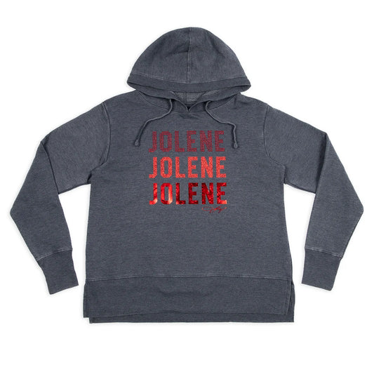 Navy hoodie featuring the word Jolene in sparkling rhinestone letters across the chest