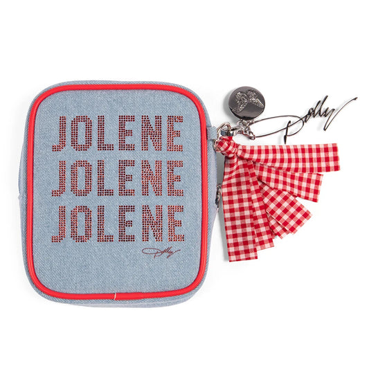 Front view of the Dolly Parton Jolene denim card case featuring blue denim fabric and a matching tassel