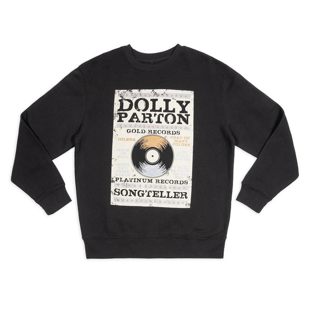 Black crewneck sweatshirt featuring the Platinum and Gold Dolly Parton graphic centered on the front