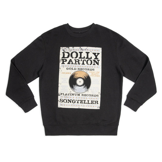 Black crewneck sweatshirt featuring the Platinum and Gold Dolly Parton graphic centered on the front