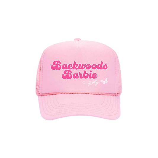 Official Dolly Parton Merchandise. 100% polyester pink trucker hat with mesh back and plastic adjustable snap. Backwoods Barbies and the iconic Dolly Parton butterfly logo printed on the front in dark pink.