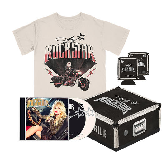 Official Dolly Parton Merchandise. Moto Lightning T-Shirt Rockstar CD Box Set featuring the Rockstar CD, t-shirt and a can cooler.