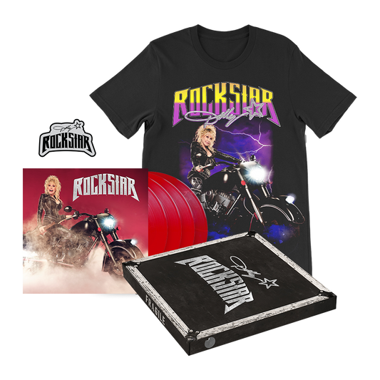 Dolly Parton Biker Red Vinyl Box Set with Rock Star T-Shirt and CD Bundle