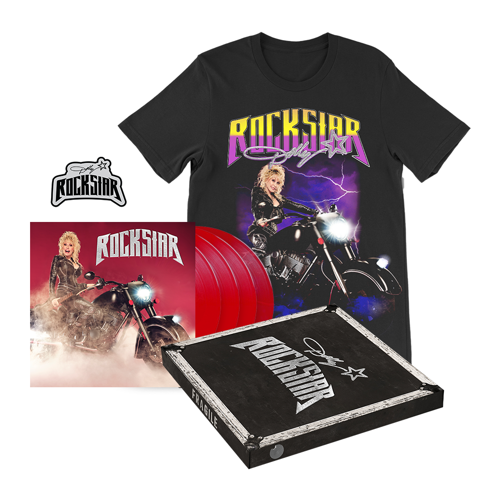 Dolly Parton Biker Red Vinyl Box Set with Rock Star T-Shirt and CD Bundle