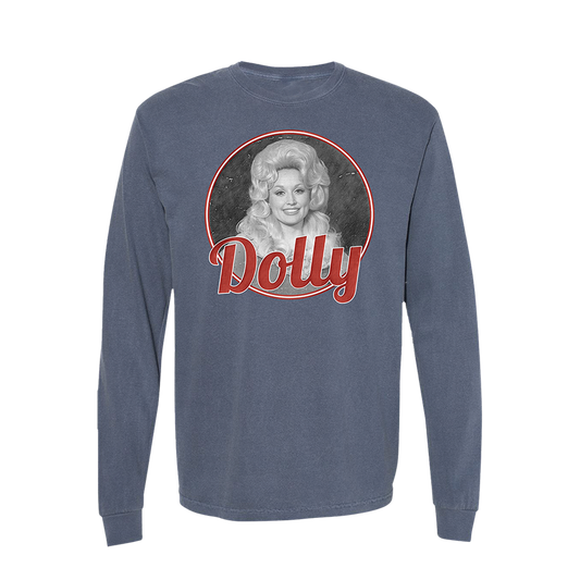 Official Dolly Parton Merchandise. 100% cotton, denim blue unisex long sleeve t-shirt with a relaxed fit featuring a black and white photo of Dolly Parton and a red script logo.