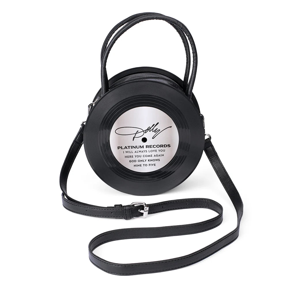 Dolly Parton black bag featuring a Platinum and Gold Vinyl graphic printed on the front