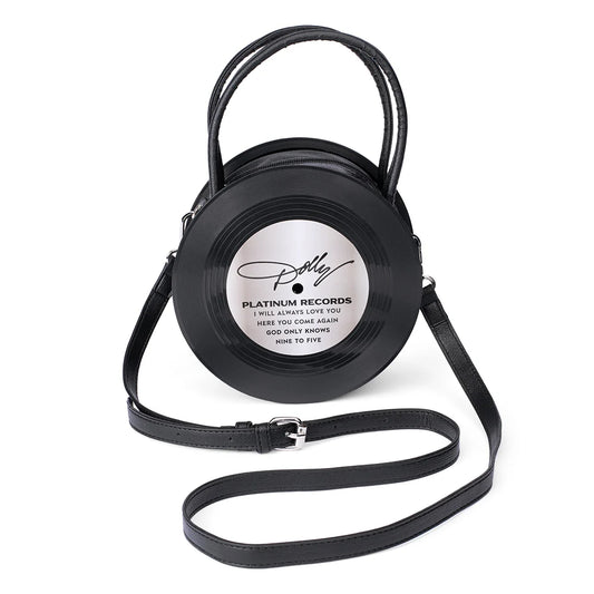Dolly Parton black bag featuring a Platinum and Gold Vinyl graphic printed on the front