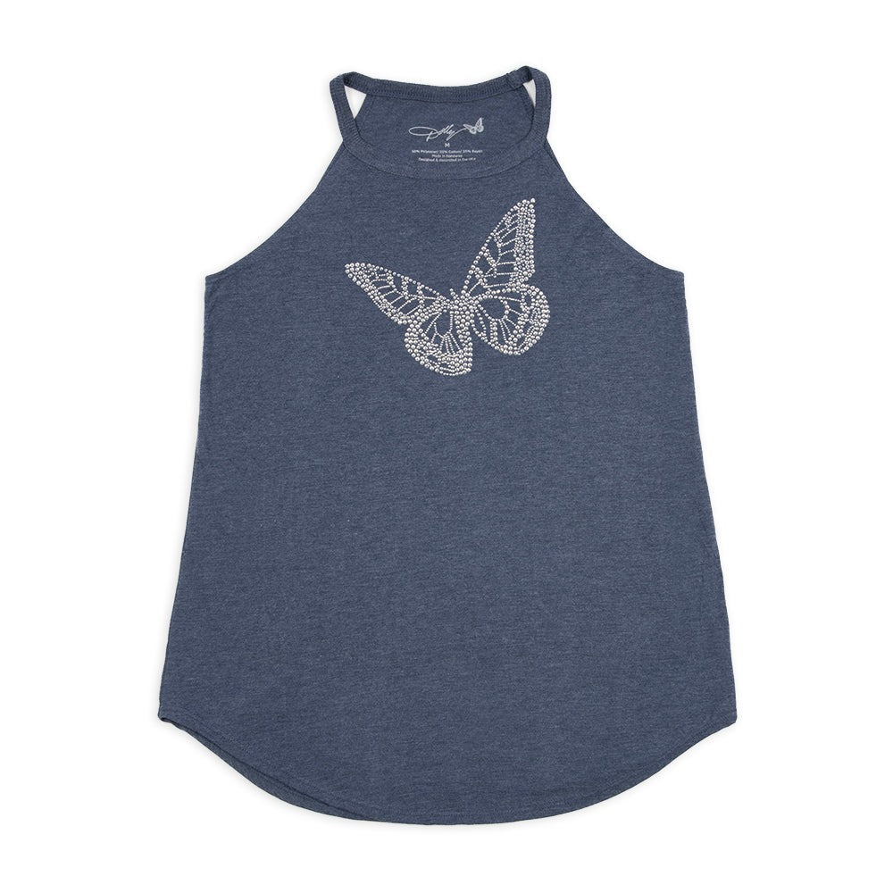 Navy tank top featuring a rhinestone butterfly graphic centered on the front chest