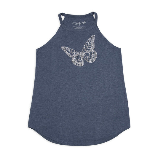 Navy tank top featuring a rhinestone butterfly graphic centered on the front chest
