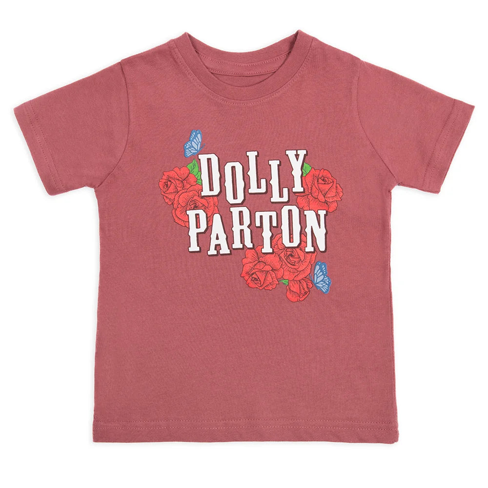 Front view of the mauve Dolly Parton toddler t-shirt featuring the Country Roses graphic print centered on the chest