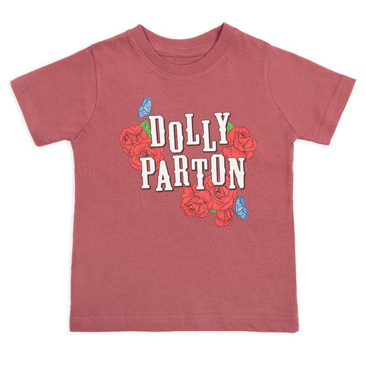 Front view of the mauve Dolly Parton toddler t-shirt featuring the Country Roses graphic print centered on the chest