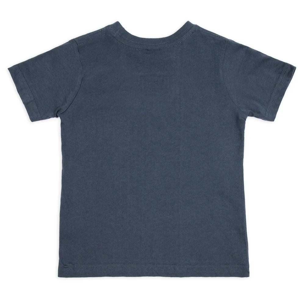 Back view of the solid denim toddler t-shirt showing the simple neckline and back construction