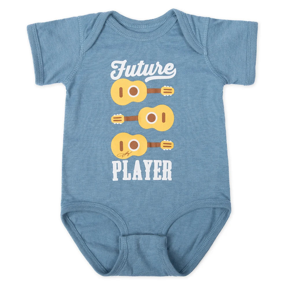 Vintage Indigo baby bodysuit featuring the Future Player graphic on the front chest