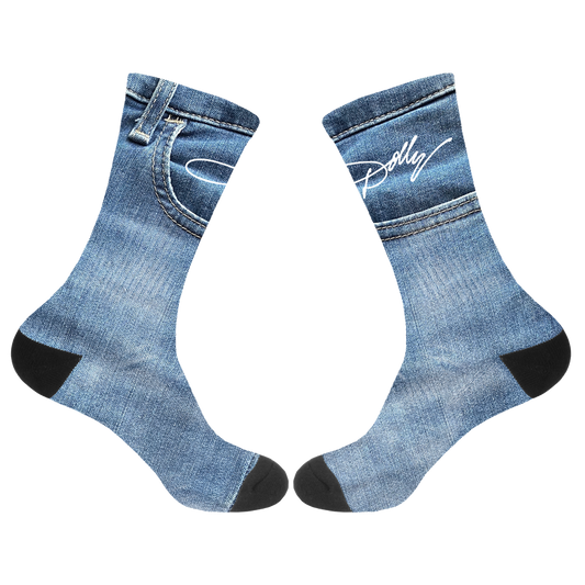 Official Dolly Parton Merchandise. 100% polyester sublimated blue jean socks featuring the white Dolly Parton signature logo.