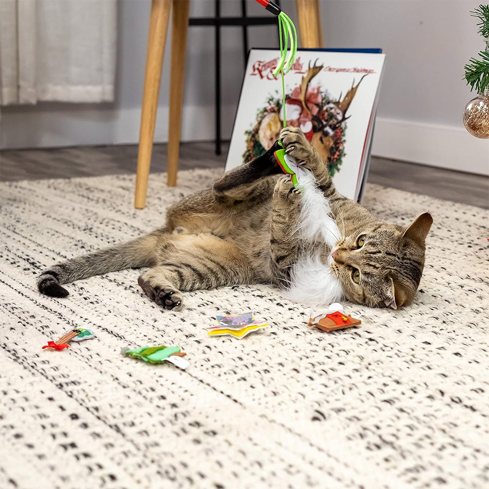 Cat playing with Doggy Parton Holiday Cat Teaser Toy Set on the floor