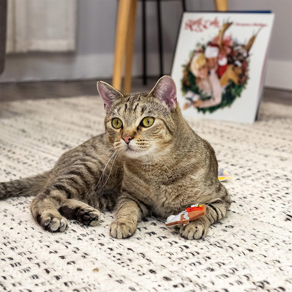 Cat enjoying Doggy Parton Holiday Cat Teaser Toy Set on the floor