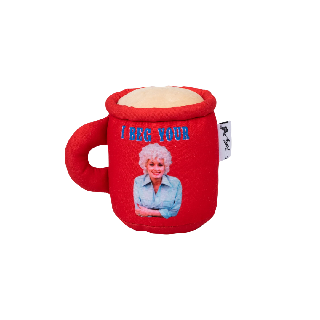 Red mug featuring a woman’s image, part of Dolly Parton I Beg Your Parton Toy merchandise