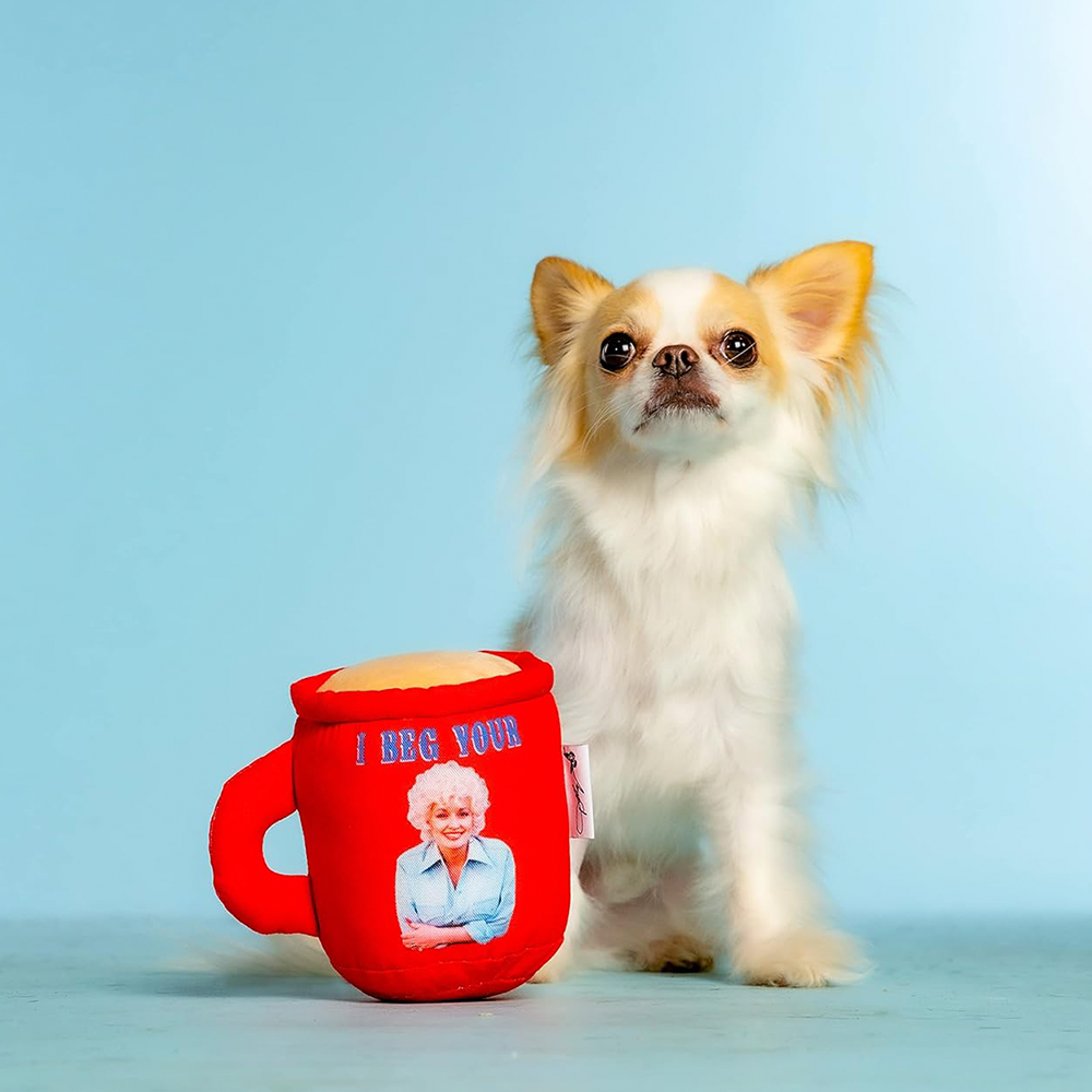 Official Dolly Parton Merchandise. 100% polyester red mug plush toy.