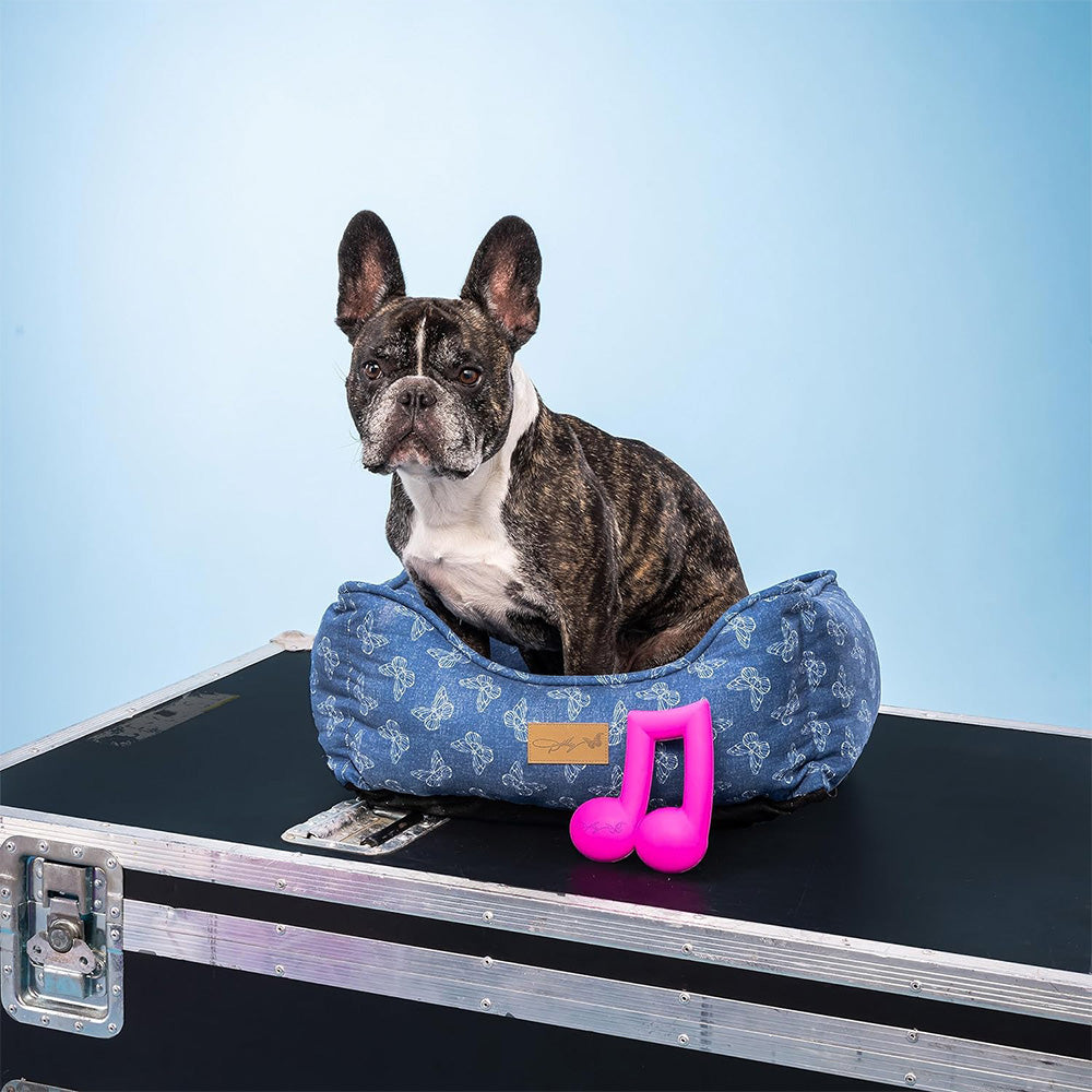 Official Dolly Parton Merchandise. Natural pink rubber dog toy in the shape of an eighth note.