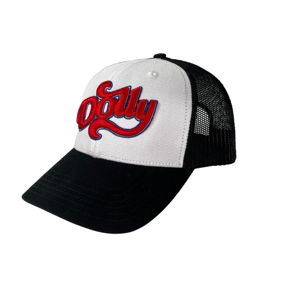 Close-up of Dolly 3D Embroider Trucker Hat with logo