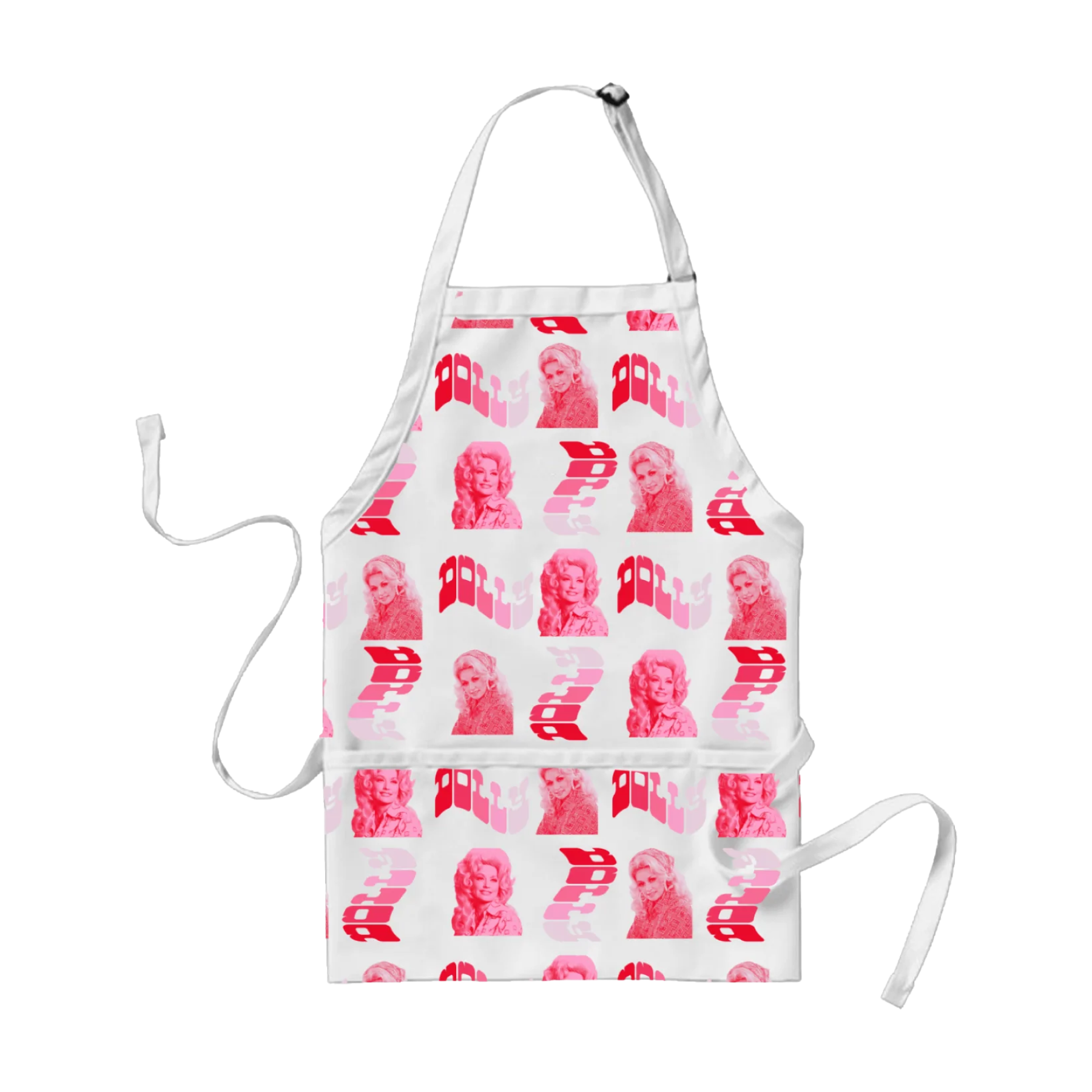 Official Dolly Parton Merchandise. White all over print kitchen apron with a pink photo illustration of young Dolly Parton and a wavy pink gradient Dolly logo repeated across the apron.  Featuring a metal adjustable neck strap, tie up waist band and front pockets.