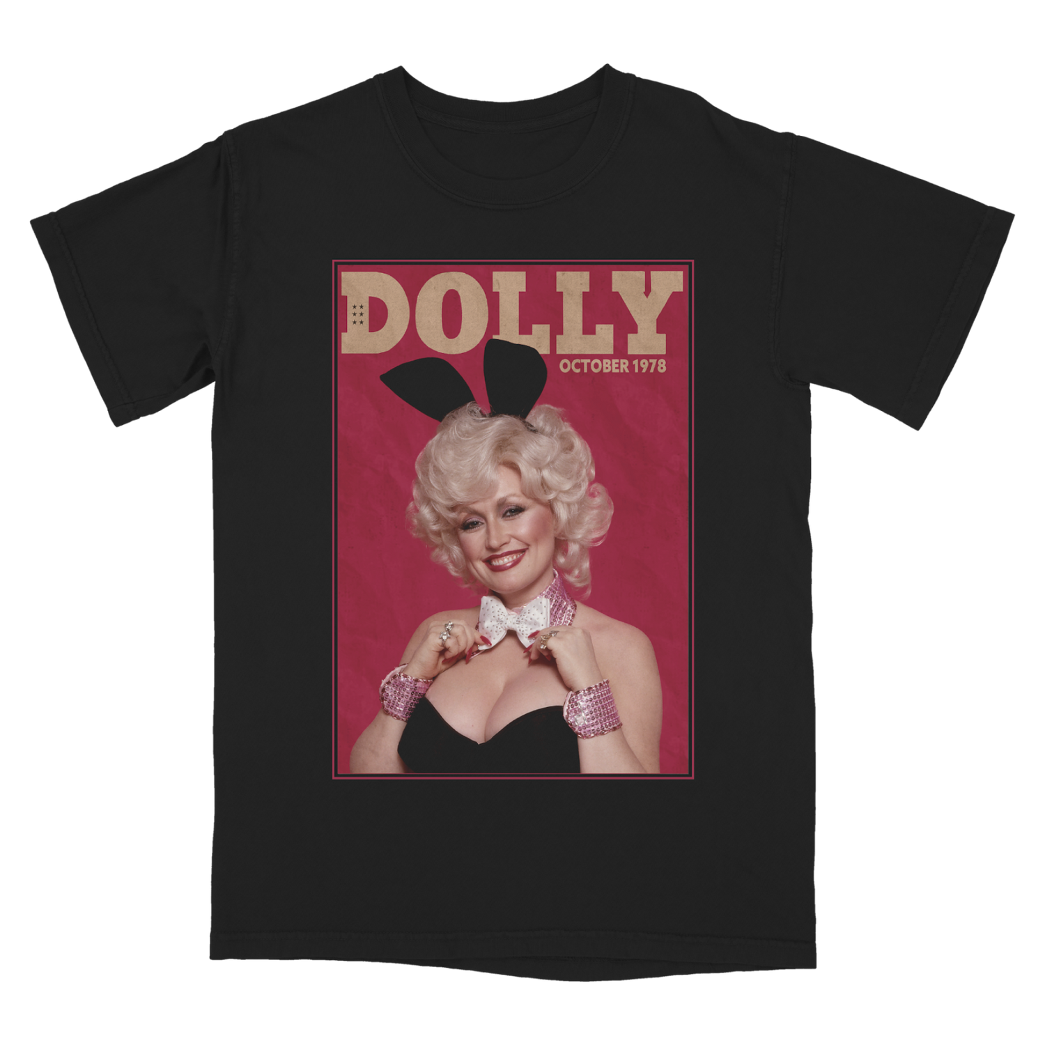 Official Dolly Parton Merchandise. 100% black cotton t-shirt with the original Dolly Parton 1978 Playboy magazine cover printed on the front.