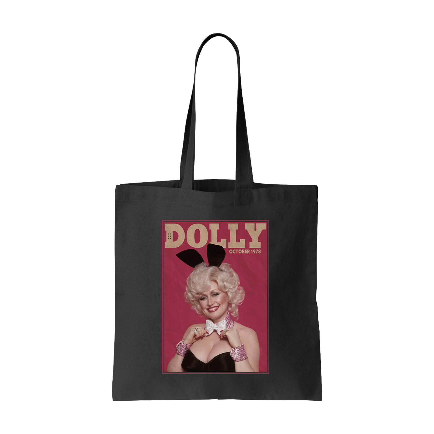 Official Dolly Parton Merchandise. Black tote bag with the original Dolly Parton 1978 Playboy magazine cover printed on the front.