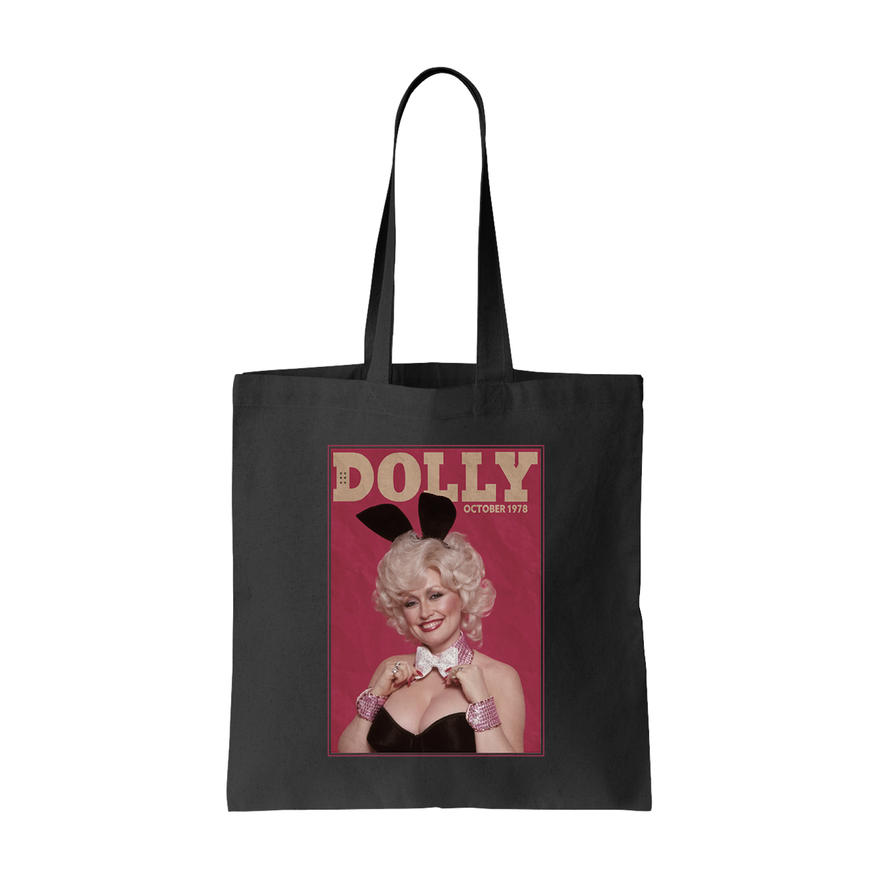 Official Dolly Parton Merchandise. Black tote bag with the original Dolly Parton 1978 Playboy magazine cover printed on the front.