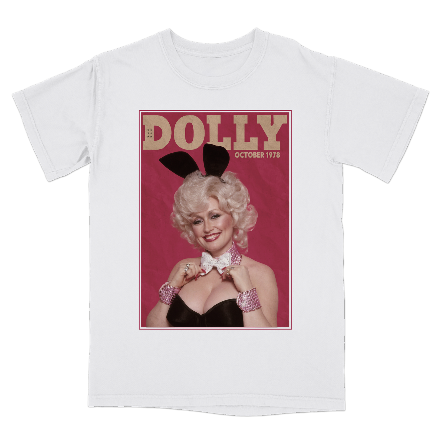 Official Dolly Parton Merchandise. 100% white cotton t-shirt with the original Dolly Parton 1978 Playboy magazine cover printed on the front.