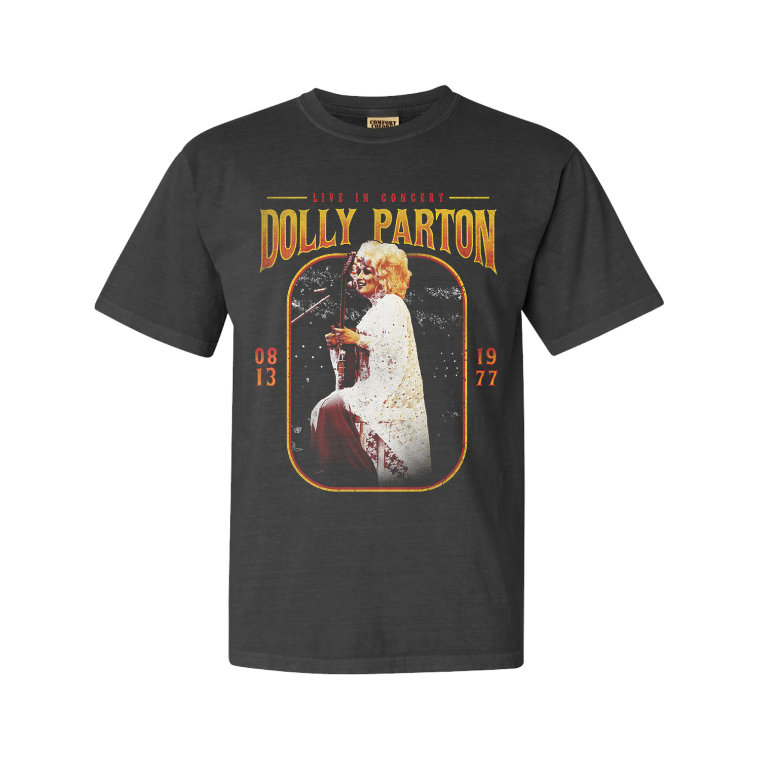 Official Dolly Parton Merchandise. Premium 100% grey cotton unisex t-shirt with a vintage 70's live photo of Dolly Parton playing guitar in white crocheted dress.