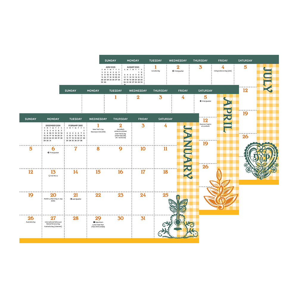 Close-up of calendar with plant in Dolly Parton 2025 Monthly Pocket Planner for organized planning