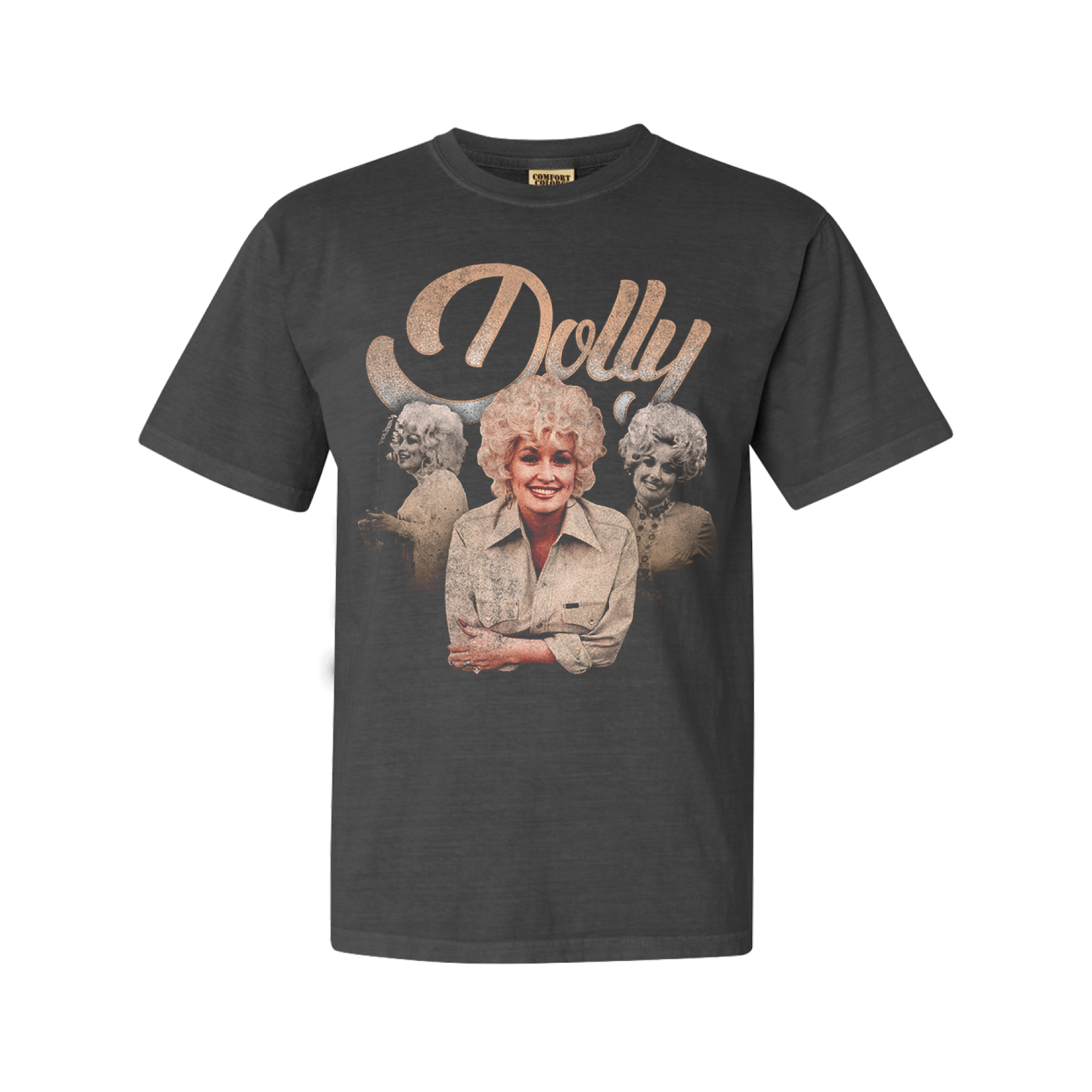 Official Dolly Parton Merchandise. Premium 100% grey cotton unisex t-shirt with a collage of vintage Dolly Parton head shots and the Dolly logo.