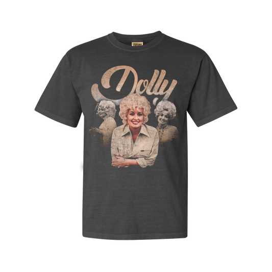 Official Dolly Parton Merchandise. Premium 100% grey cotton unisex t-shirt with a collage of vintage Dolly Parton head shots and the Dolly logo.