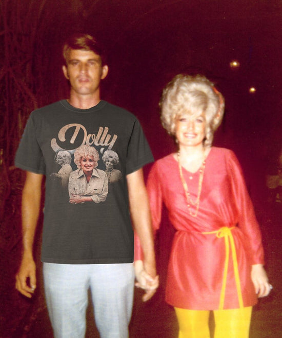 Man and woman walking together in a Dolly Parton vintage collage tee