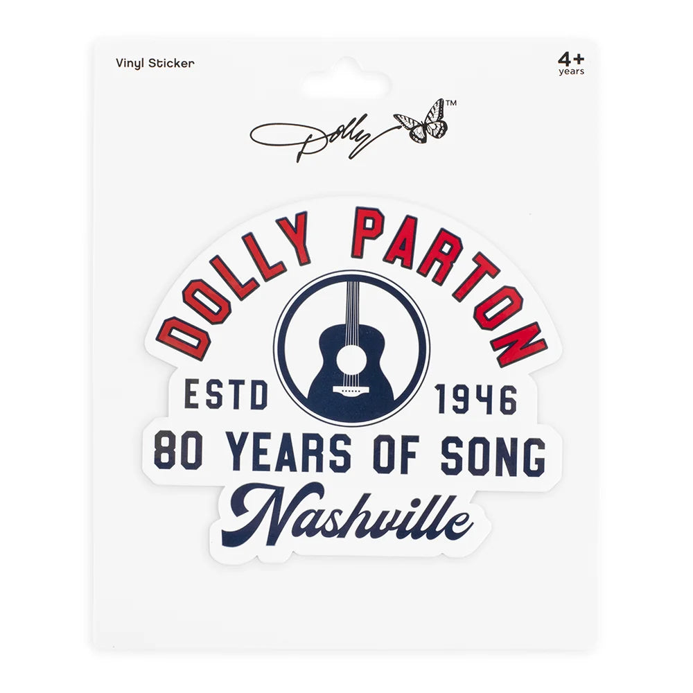 Die-cut vinyl sticker featuring commemorative Dolly Parton 80 Years of Song artwork