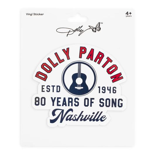 Die-cut vinyl sticker featuring commemorative Dolly Parton 80 Years of Song artwork