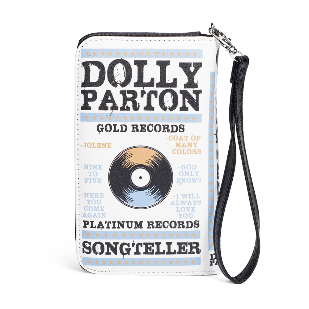 Close-up detail of the platinum and gold graphic elements on the Dolly Parton wristlet