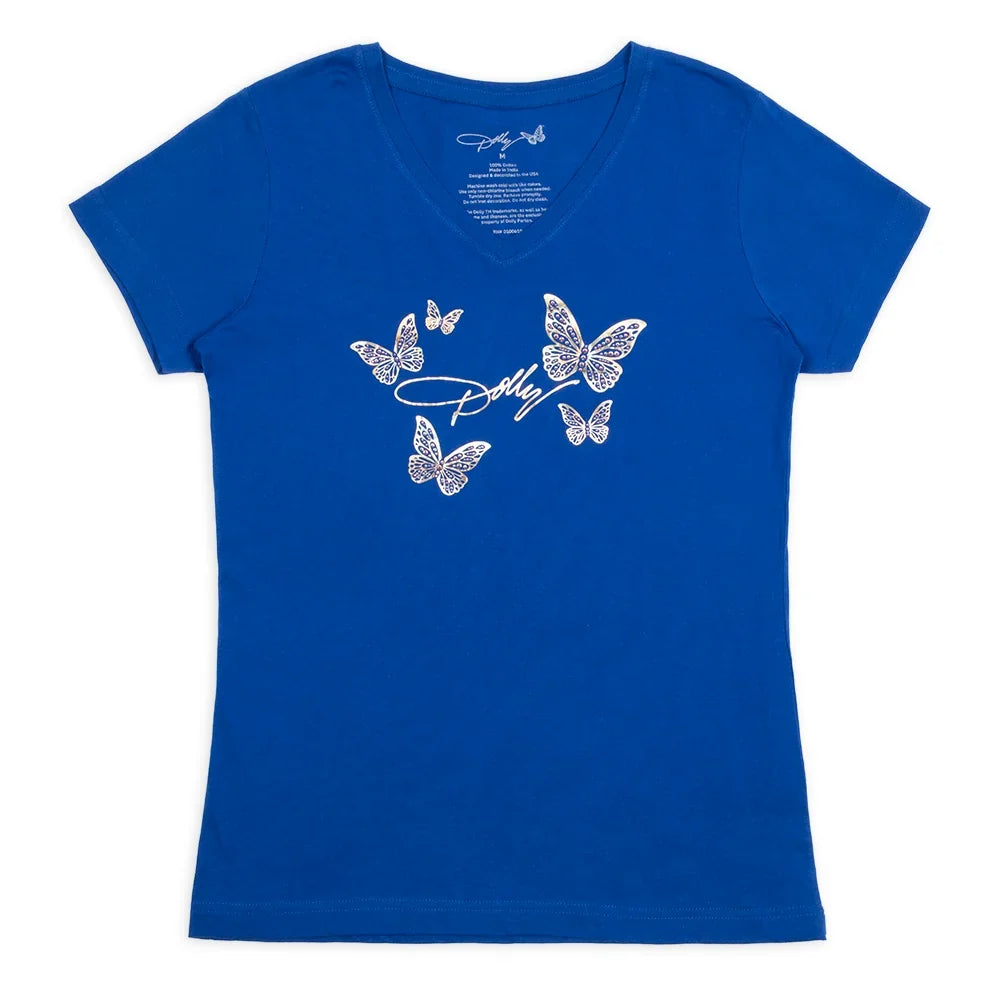 Front view of the royal blue Dolly Parton v-neck t-shirt featuring a sparkling butterfly bling graphic centered on the chest