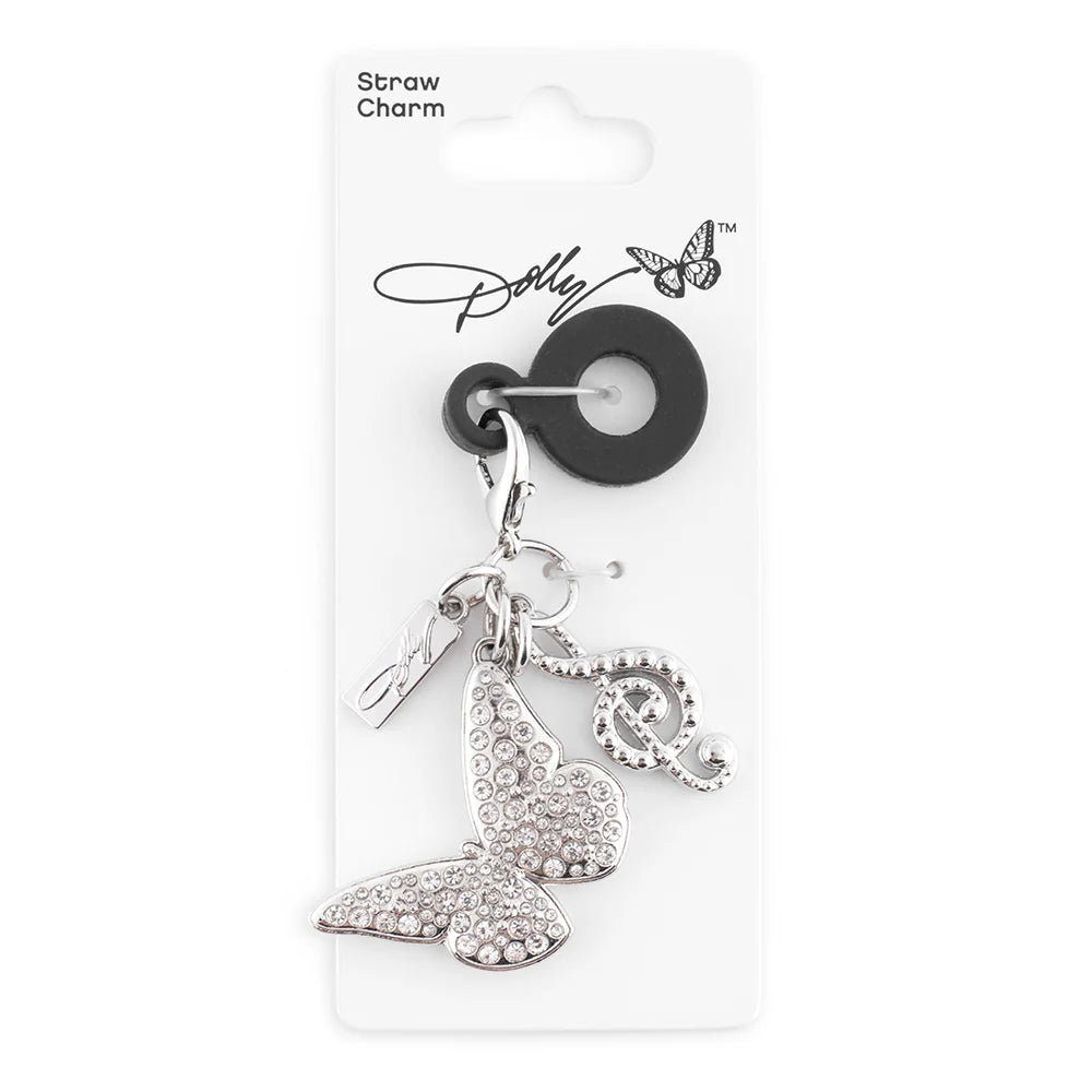 Dolly Parton silver butterfly straw charm shown attached to a reusable straw